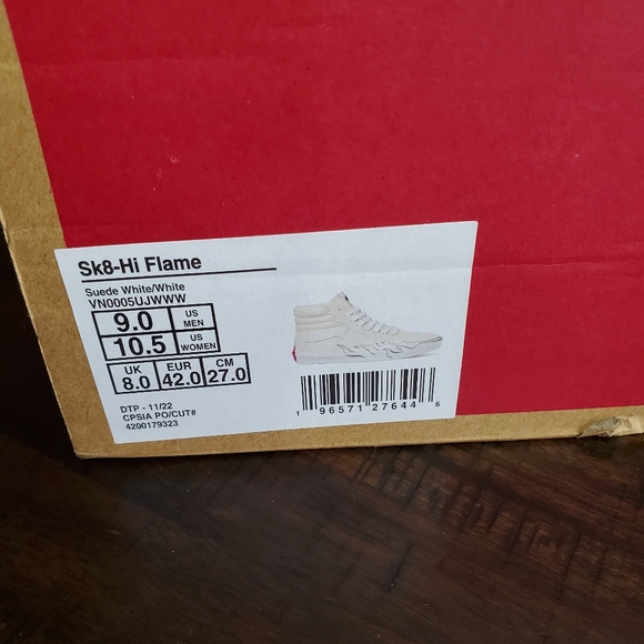Vans Sk8-Hi Flame Suede White Men Size 9, Women Size 10.5 - Picture 8 of 8